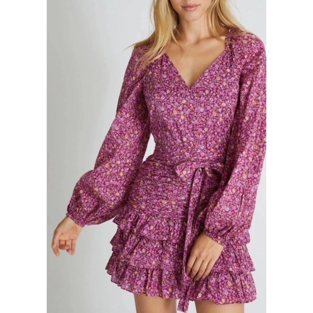 LoveShackFancy Rina Mini Dress Floral Ruffle Puff Sleeve Pleated Waist Belt 4
